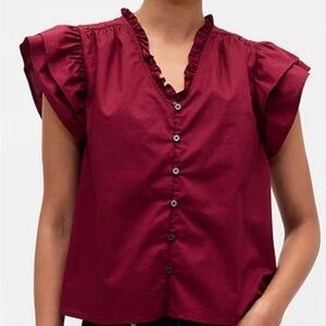 NWT GAP Wine Button-Down Poplin Blouse with Flutter Sleeves Cut Out Back Feature